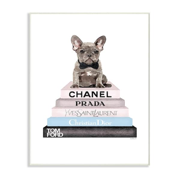 12.5 in. x 18.5 in. "Grey Blue and Black Fashion Bookstack with Grey Frenchie Puppy" by Amanda Greenwood Wood Wall Art
