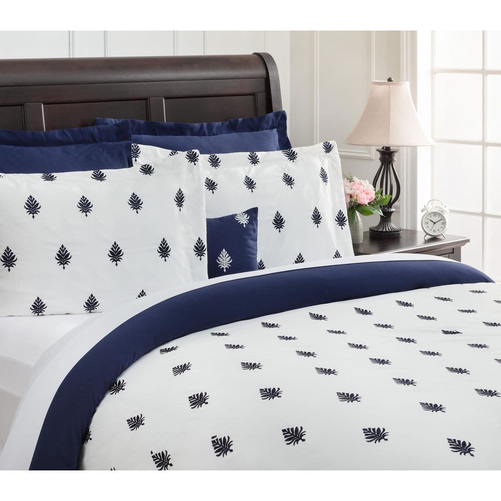 Navy and White Embroidered Microfiber Queen Duvet Cover Set