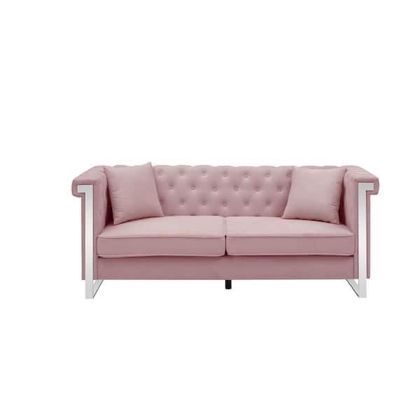 ZIRUWU 77.56 in. W Square Arm Chenille Straight Sofa in Pink with 2-Pillows