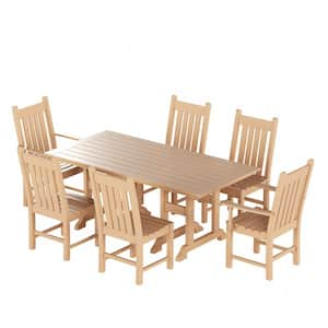 Hayes 7-Piece HDPE Plastic Outdoor Patio Rectangle Table Dining Set with Arm and Side Chairs in Teak