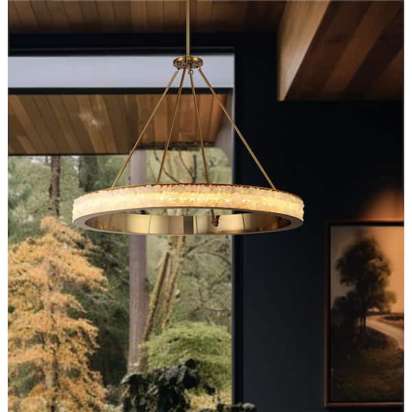 Divinely 35-Watt 1-Light 36 in. Celeste Brass Integrated LED Crystal Pendant Light with Quartz Crystalline Shade