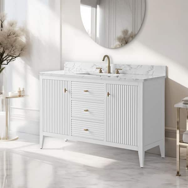 48 in. W x 22 in D x 38 in. H Single Sink Bath Vanity Cabinet in Linear White with White Engineered Marble Top