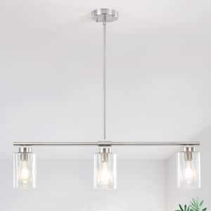 3-Light Sand Nickel Hanging Linear Chandelier Lighting with Glass Shade for Kitchen Island with no bulbs included