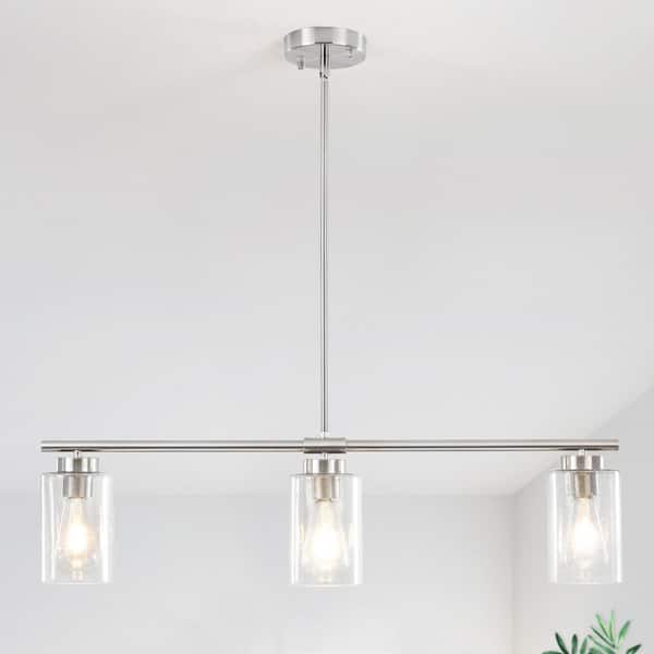 ZJVAIVE 3-Light Sand Nickel Hanging Linear Chandelier Lighting with Glass Shade for Kitchen Island with no bulbs included