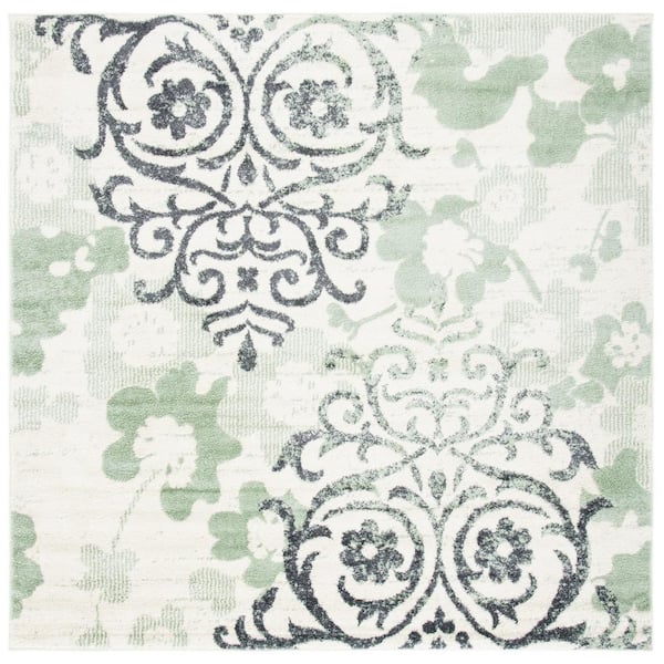 Adirondack 4 ft. x 4 ft. Square Ivory/Green Floral Damask Area Rug