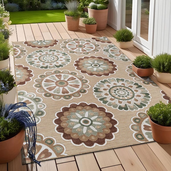 Mandala 10 ft. x 14 ft. Beige Washable Bohemian Medallion Indoor Outdoor Area Rug