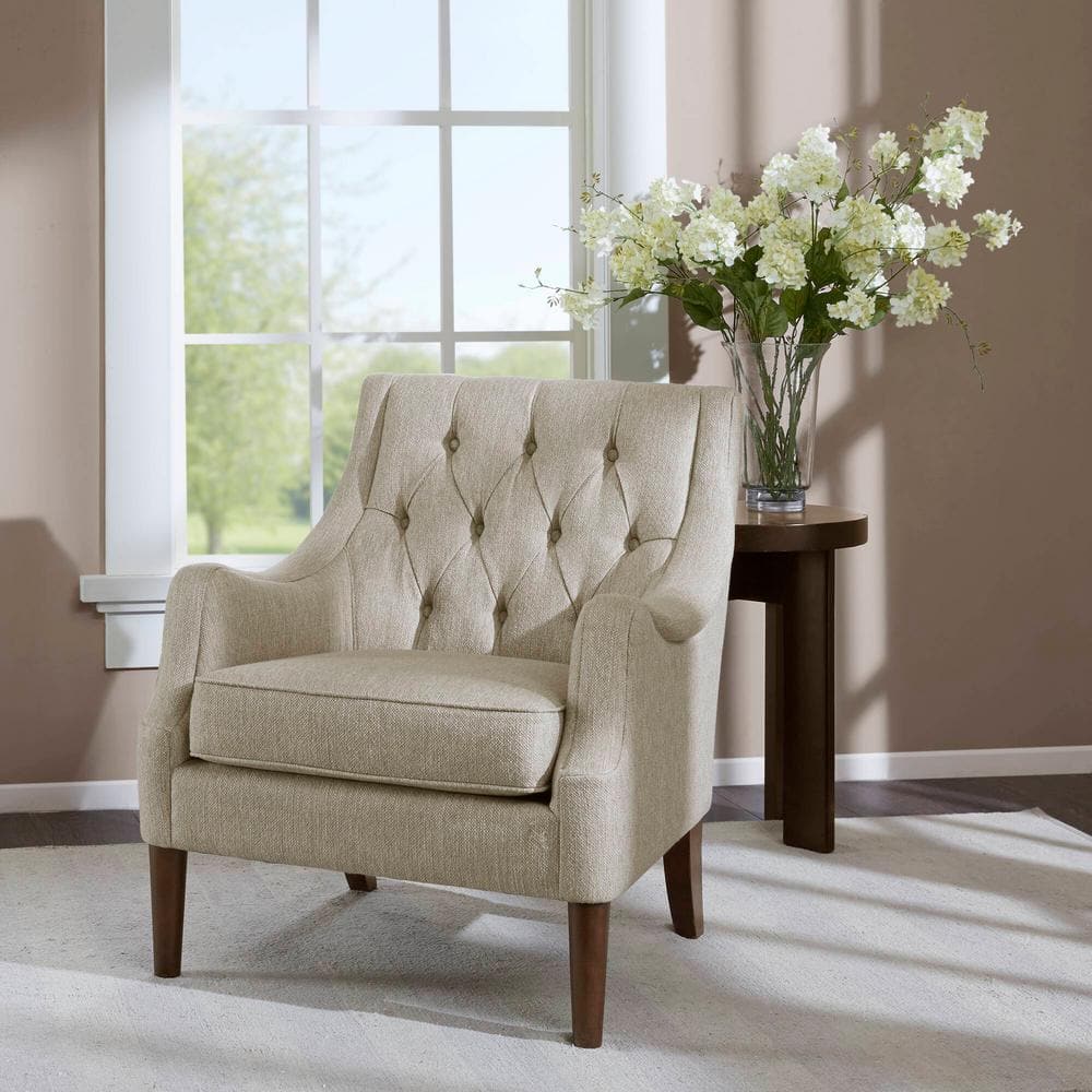 Elegant Beige Handcrafted Wood Accent Chair with Button Tufted Back