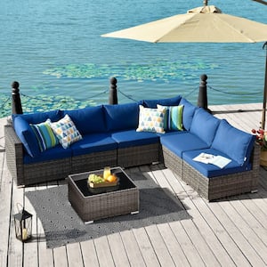 Arctic 7-Piece Wicker Outdoor Sectional Set with Navy Blue Cushions