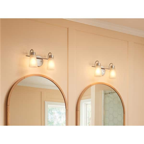 Erma 13.5 in. 2-Light Brushed Nickel Traditional Bathroom Vanity Light with Satin Etched Glass Shades