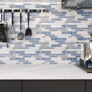 12 in. W x 12 in. L x 0.04 in. H Vinyl Peel and Stick Wall Tile Backsplash in White and Blue for Kitchen (10-Pack)