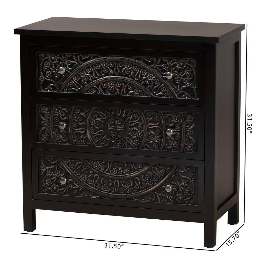 Yelena Traditional Black Wood 3-Drawer Storage Cabinet