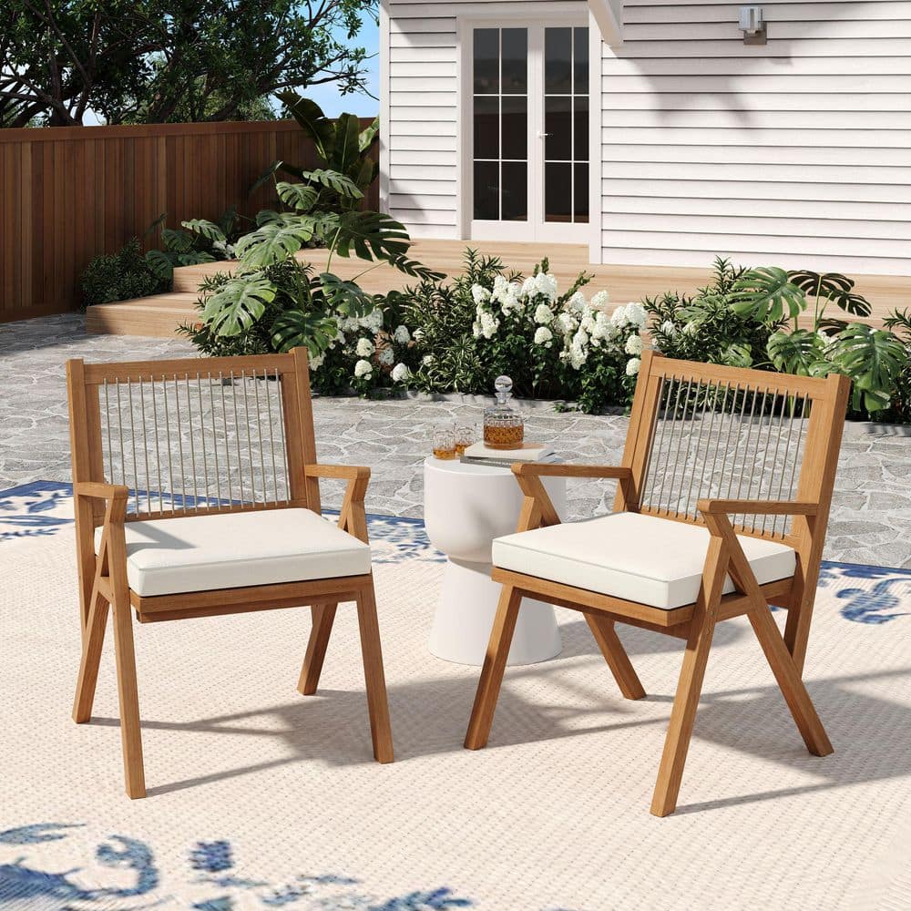 Oasis Patio Teak Finish Solid Wood and Grey Rope Outdoor Dining Chairs with Cream Cushions (Set of 2)