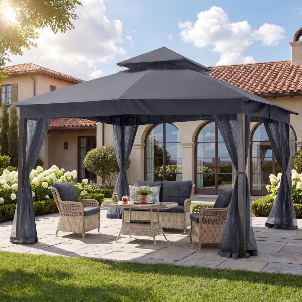 11 ft. x 13 ft. Steel Patio Gazebo With Netting and Olefin Roof in Gray price history on PriceWatchPro