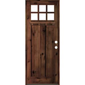 36 in. x 96 in. Craftsman Alder Clear 6-Lite Red Mahogany Stain Wood/Dentil Shelf Left Hand Single Prehung Front Door