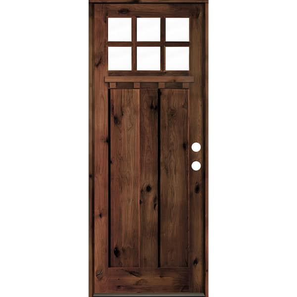 Krosswood Doors 42 in. x 96 in. Craftsman Alder Clear 6-Lite Red Mahogony Stain Wood/Dentil Shelf Left Hand Single Prehung Front Door