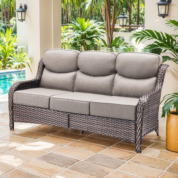 NovaSwivel Brown 3-Piece Wicker Outdoor Couch Patio Sectional Sofa with 6 in. Thick Beige Cushions and Ottomans