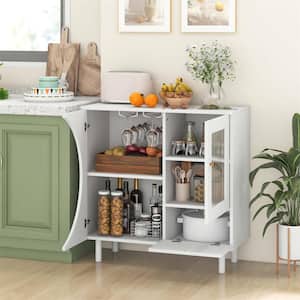 White Wood 31.5 in. Kitchen Sideboard with Glass Holder & Tempered Glass Doors