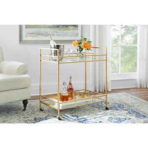 Gold Leaf Metal and Glass Rolling Bar Cart with Glass Top (30 in. W x 33 in. H)