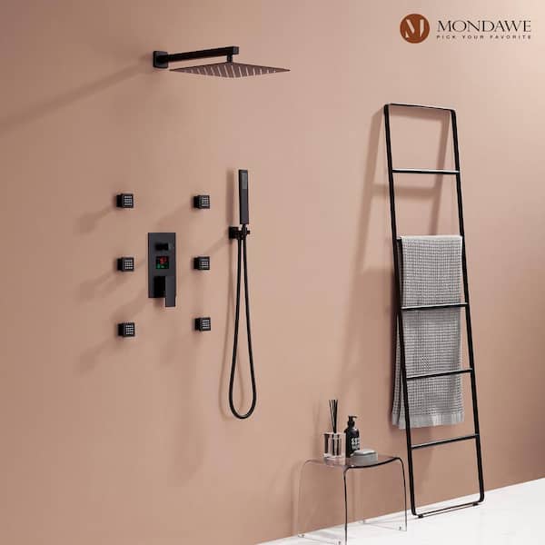 LED Display 3 Spray Patterns 12 in. Wall Mount Fixed and Handheld Shower Head 2.5 GPM in Matte Black Valve Included