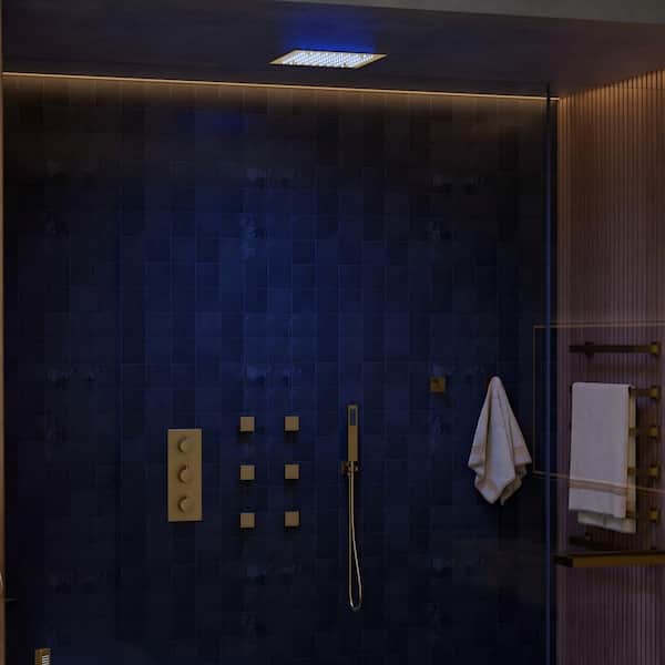 Swains Thermostatic 5-Spray Ceiling Mount Handheld Shower Head 2.5 GPM LED Chromotherapy Shower Faucet in Brushed Gold