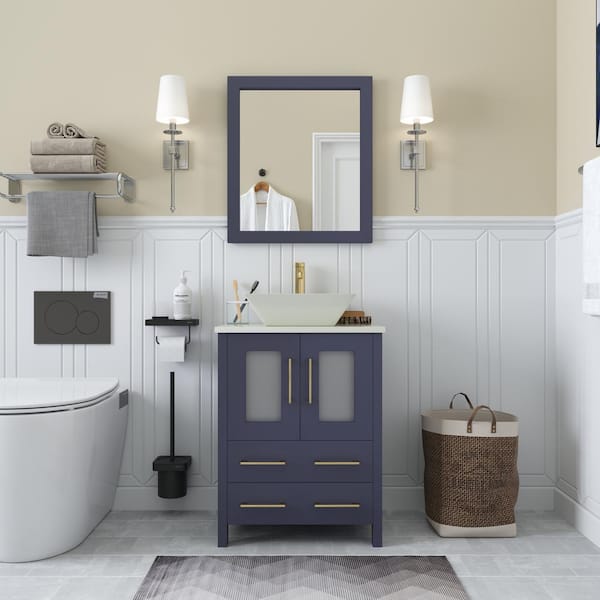 Vanity Art Ravenna 24 in. W Single Basin Bathroom Vanity in Blue with White Top in Engineered Marble Top and Mirror