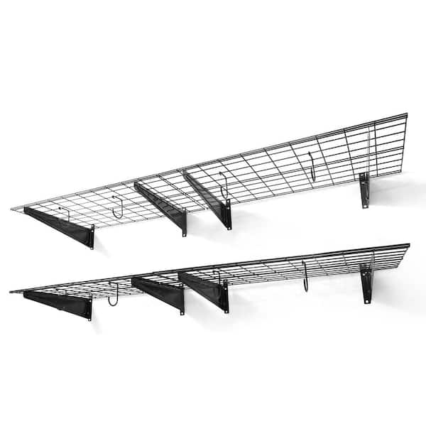72 in. W x 18 in. D Black Metal Garage Wall Shelf, Wall Mounted Garage Shelves with 2 Bike Hooks, (Pack of 4)