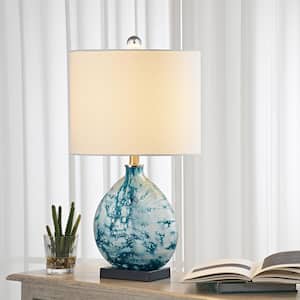 Denver 23 in. Bedside Blue Glass Table Lamp with White Linen Shade