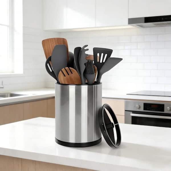Modern Series Silver Stainless Steel Utensil Holder with 360° Rotation 3-Compartment Flatware Organizer and Cookingcaddy
