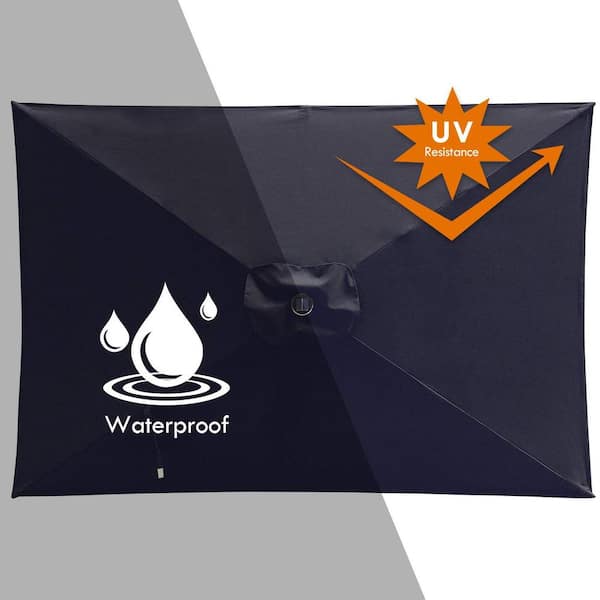 6.5 ft. x 10 ft. Solar 26 LED Lighted Aluminum Outdoor Patio Umbrella with Hand Crank Lift in Navy Blue