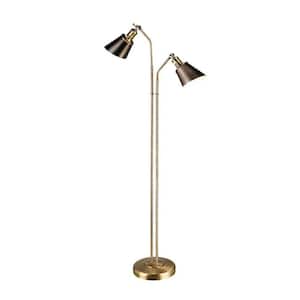 62.25 in. Antique Brass and Charcoal Floor Lamp with Metal Shades