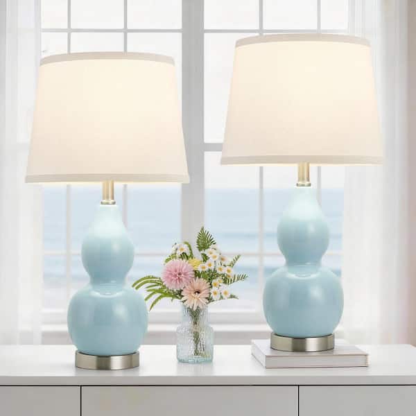 22.63 in. Blue Table Lamp Set, Color Temperature Adjustable Double Gourd Ceramic Classic for Living Room. (Set of 2)