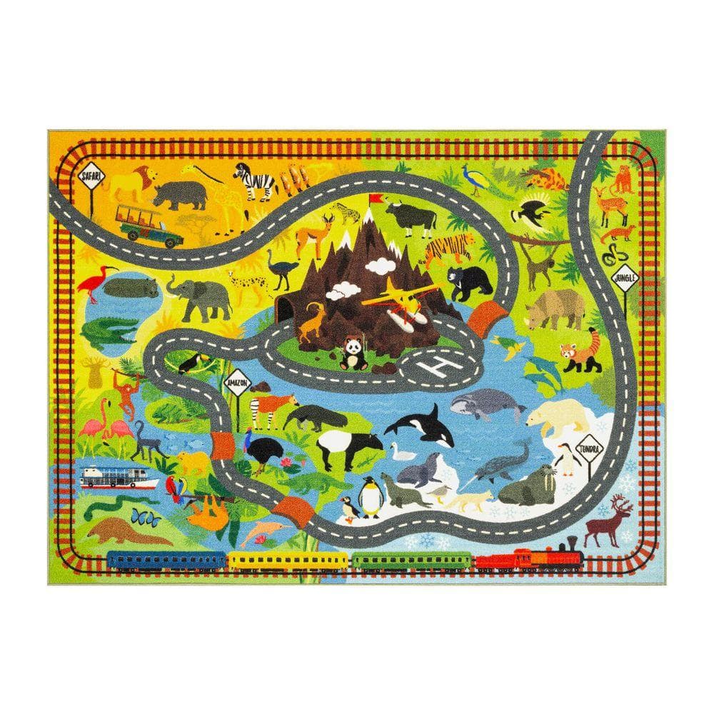 KC CUBS Multi-Color Kids Children Bedroom Animal Safari Road Map
