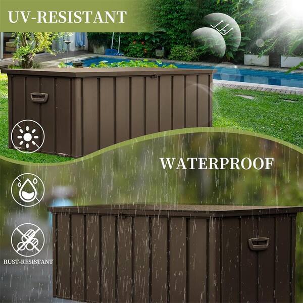 Unbranded - 120 Gal. Dark Brown Metal Deck Box, Outdoor Storage Box with Lockable Lid, Wheels and Handles