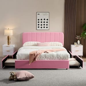 Upholstered Bed Pink Metal Frame Queen Size Platform Bed with 4-Storage Drawers and Headboard, Wooden Slats Support