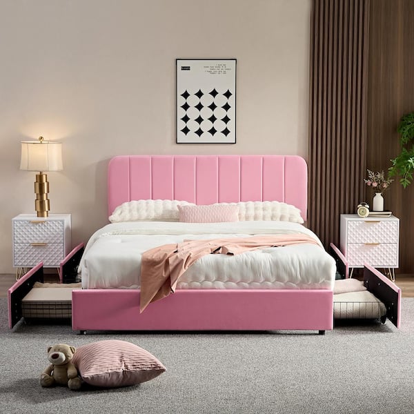 VECELO Upholstered Bed Pink Metal Frame Queen Size Platform Bed with 4 ...