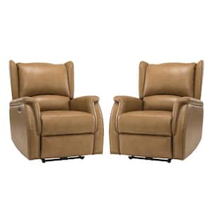 Adela Taupe Genuine Leather Power Recliner with Nailhead Trim Set of 2
