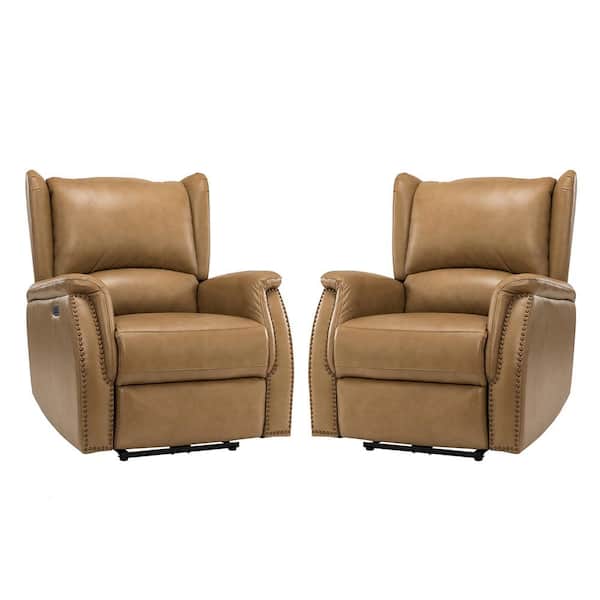 ARTFUL LIVING DESIGN Adela Taupe Genuine Leather Power Recliner with Nailhead Trim Set of 2