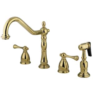 English Country 2-Handle Deck Mount Widespread Kitchen Faucets with Brass Sprayer in Polished Brass