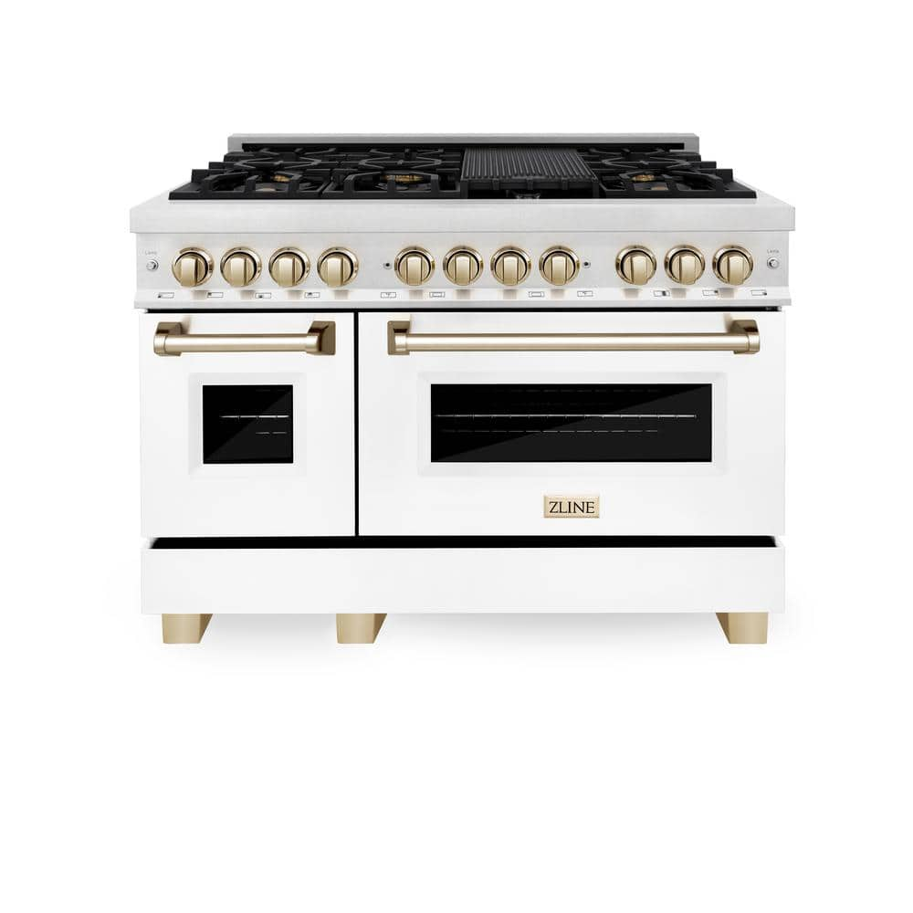 ZLINE Kitchen and Bath Autograph Edition 48 in. 7 Burner Dual Fuel Range in Fingerprint Resistant Stainless, White Matte and Polished Gold