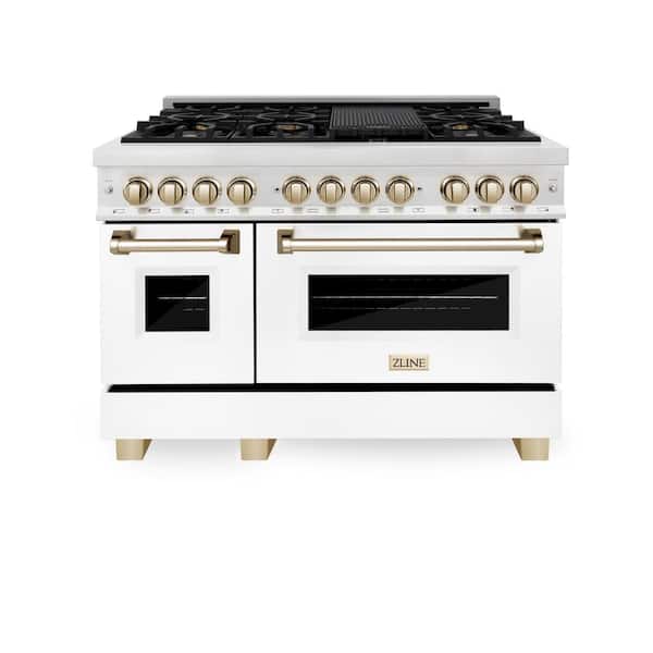 Autograph 48 in. Legacy Dual Fuel Range with 7 Burners and 2 Ovens in Satin Steel with White and Gold Accents