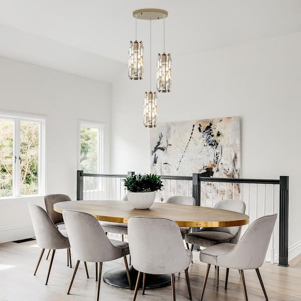 3-Light Gold Modern Metal Hanging Pendant Light Ceiling Light with Crystal Cover