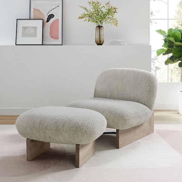 Loyal Boucle Fabric Accent Barrell Chair with Ottoman in Pearl Oak