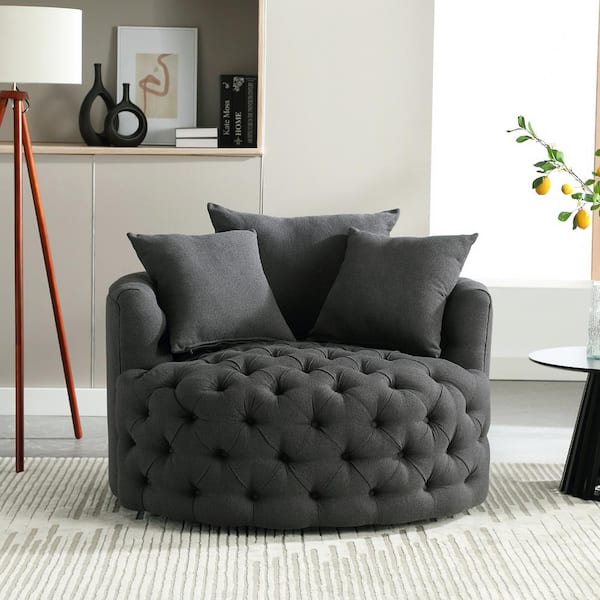 Tufted linen 2025 swivel barrel chair