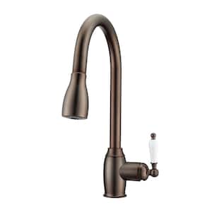 Bistro Single Handle Deck Mount Gooseneck Pull Down Spray Kitchen Faucet with Porcelain Handle in Oil Rubbed Bronze