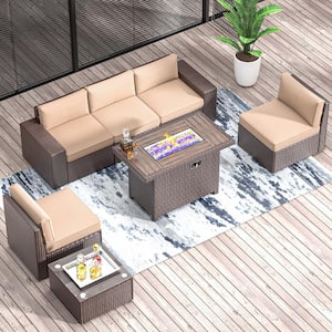 7-Piece Outdoor Fire Pit Patio Set, Patio Sectional Set with Fire Pit Table, Coffee Table, Beige Cushions, Set Covers