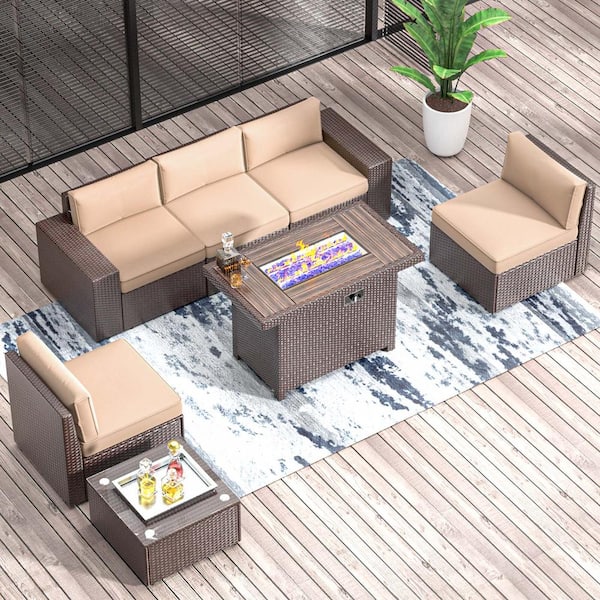 Sizzim 7-Piece Outdoor Fire Pit Patio Set, Patio Sectional Set with Fire Pit Table, Coffee Table, Beige Cushions, Set Covers