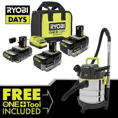 RYOBI ONE+ 18V Lithium-Ion 2.0 Ah, 4.0 Ah, and 6.0 Ah HIGH PERFORMANCE Batteries and Charger Kit w/ Wet/Dry Vac, Grays