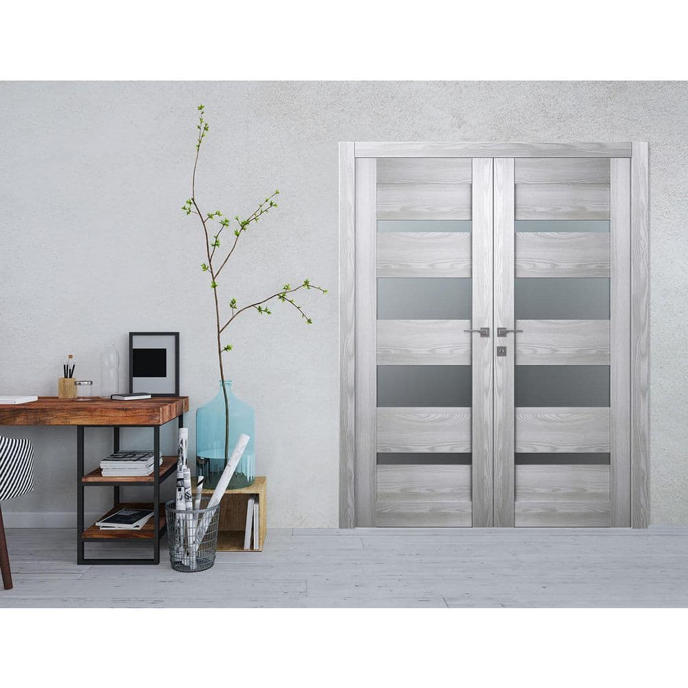 Gray Pine Composite Double Prehung Door with Frosted Glass Panels