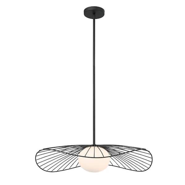 Minka Lavery Langley 60-Watt 1-Light Dark Matte Black 24 in. Dia. Globe Pendant Light with Etched Opal Glass Shade, No Bulb Included
