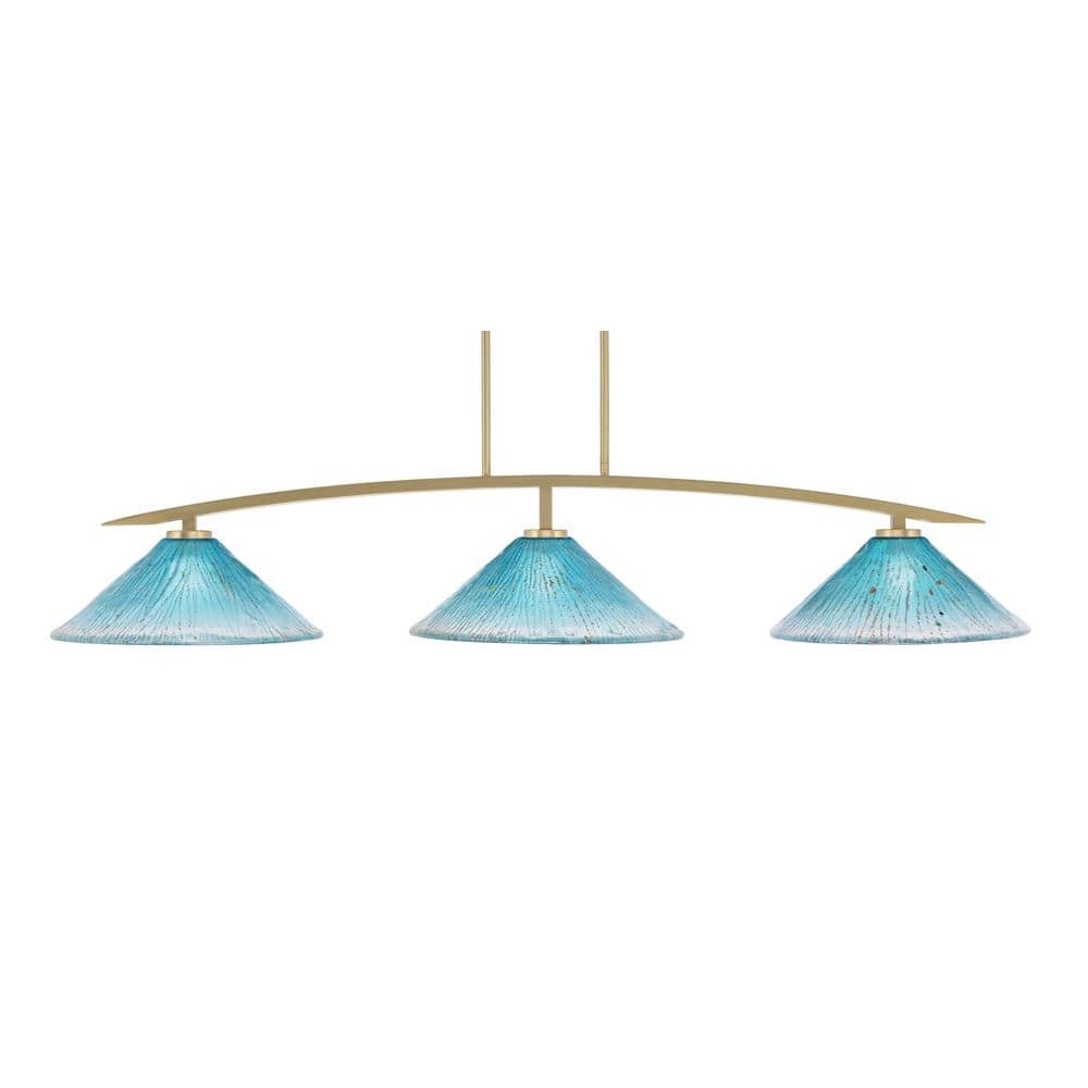 Siena 3-Light New Age Brass Billiard Light with 16 in. Teal Crystal Glass S